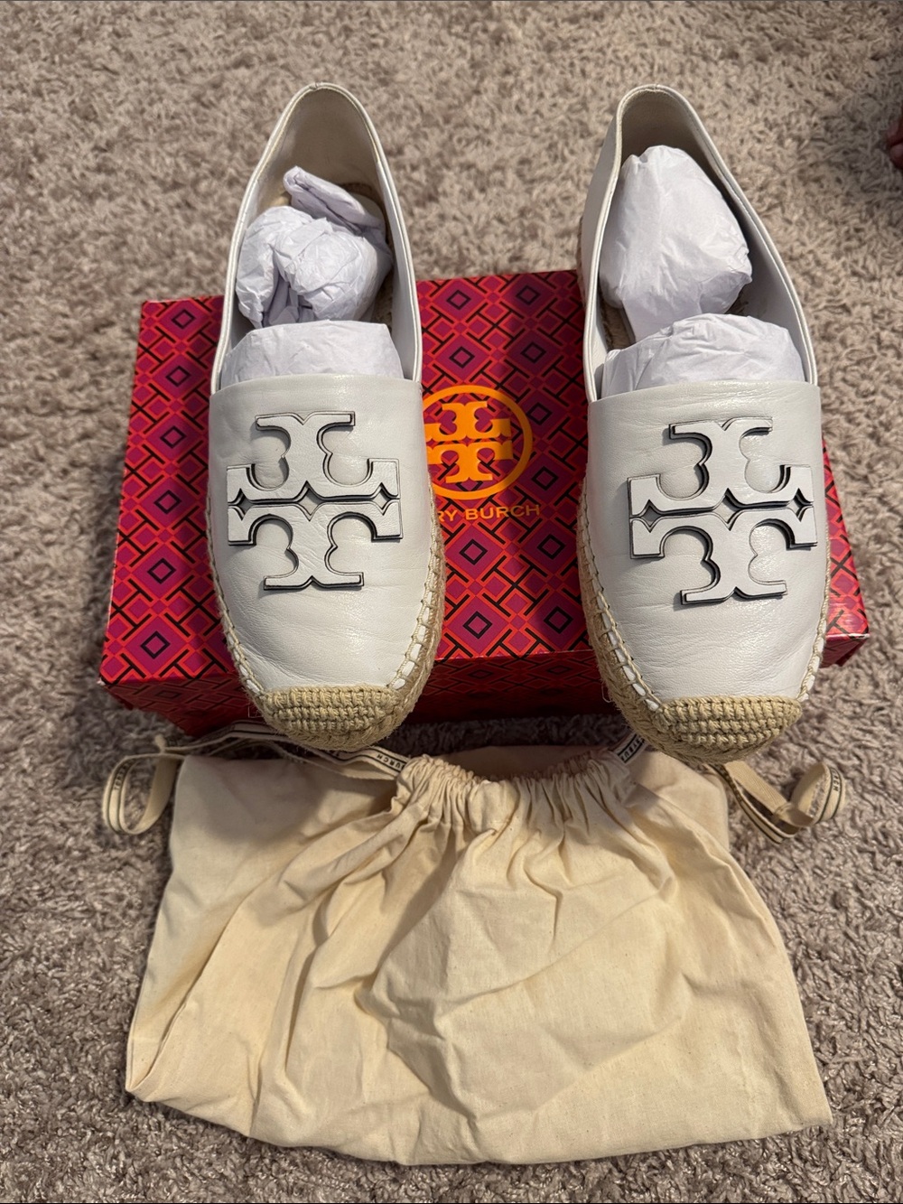 Tory Burch White Leather Logo Espadrille Slip-Ons